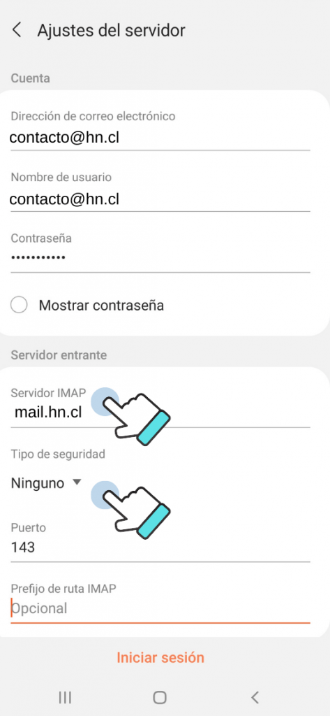 configurar correo android: ajustes de servidor